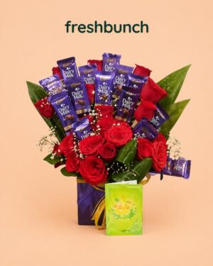 FreshBunch Royal Red Roses Bouquet & Cadbury Dairy Milk Chocolate Box Arrangement