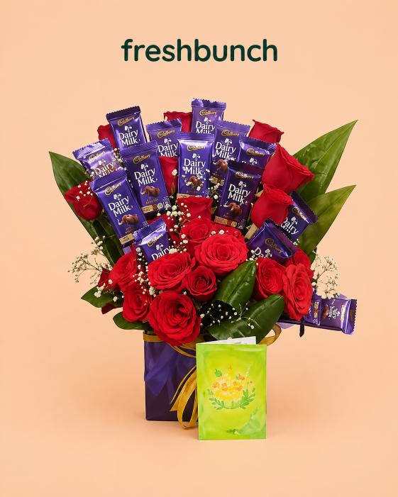 FreshBunch Royal Red Roses Bouquet & Cadbury Dairy Milk Chocolate Box Arrangement