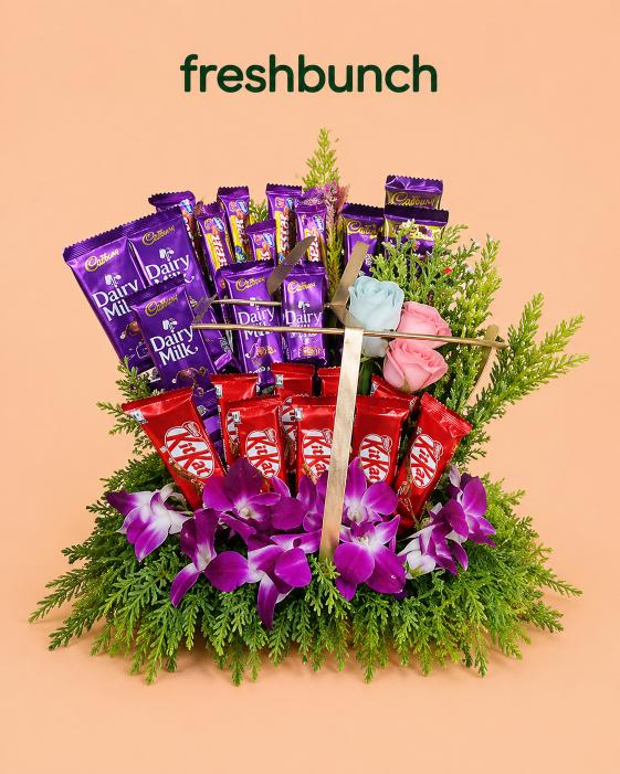 FreshBunch Luxury Exotic Orchids & Assorted Chocolates Designer Basket Arrangement