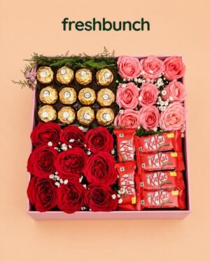FreshBunch Luxury Four-Grid Celebration Box with Red & Pink Roses, Ferrero Rocher & KitKat