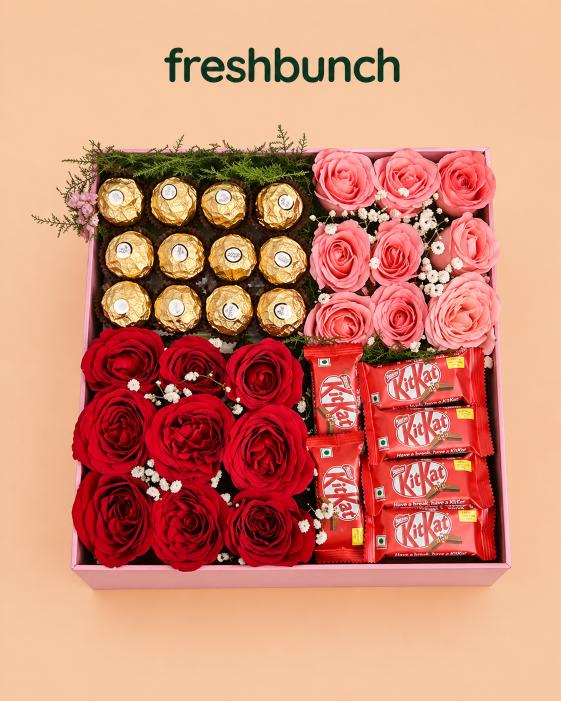 FreshBunch Luxury Four-Grid Celebration Box with Red & Pink Roses, Ferrero Rocher & KitKat