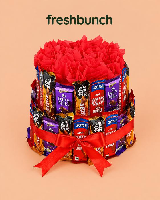 FreshBunch Double-Tier Mixed Chocolate Cake Bouquet Arrangement with Dairy Milk, KitKat & 5 Star