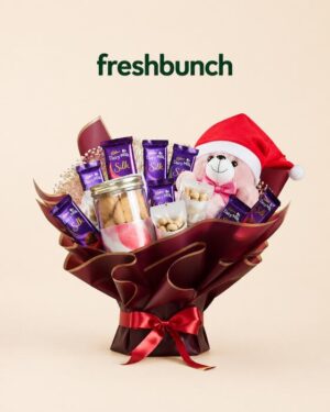 FreshBunch Luxury Festive Teddy Bear, Cadbury Silk & Artisanal Cookies Bouquet Hamper