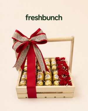 FreshBunch Luxury Wooden Basket Arrangement with Ferrero Rocher & Fresh Red Flowers
