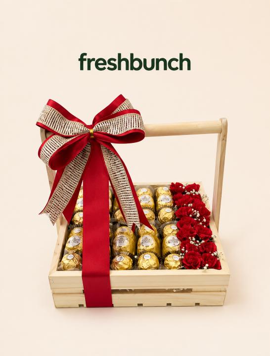 FreshBunch Luxury Wooden Basket Arrangement with Ferrero Rocher & Fresh Red Flowers