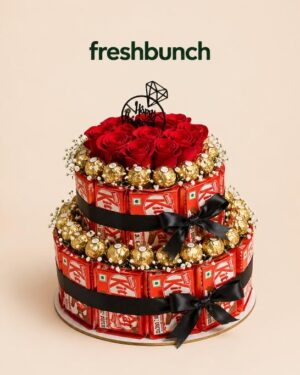 FreshBunch Grand 2-Tier KitKat & Ferrero Rocher Anniversary Chocolate Cake Bouquet with Red Roses
