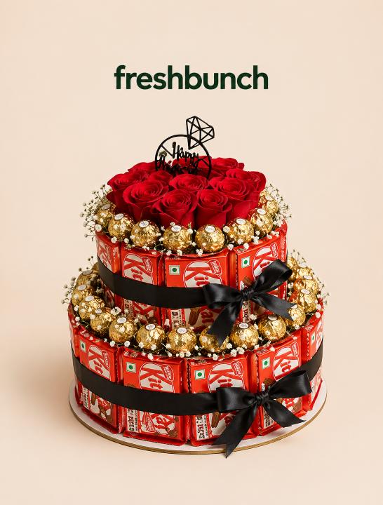 FreshBunch Grand 2-Tier KitKat & Ferrero Rocher Anniversary Chocolate Cake Bouquet with Red Roses