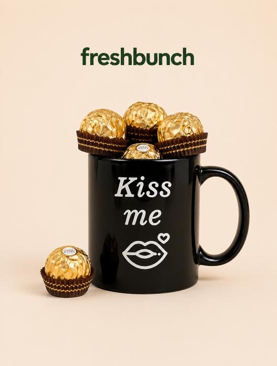 FreshBunch "Kiss Me" Black Ceramic Mug & Premium Ferrero Rocher Chocolate Gift Set