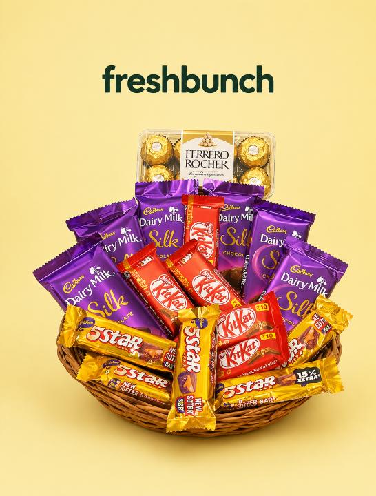 FreshBunch Ultimate Chocolate Medley Celebration Basket with Ferrero Rocher, Dairy Milk Silk, KitKat & 5 Star