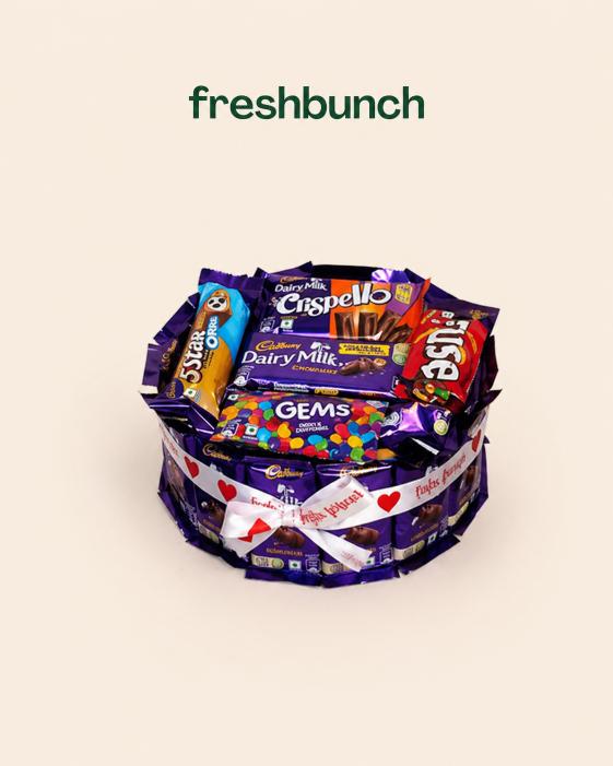 FreshBunch Delightful Cadbury Chocolate Cake Hamper with Dairy Milk, Crispello, 5 Star Oreo, Fuse & Gems