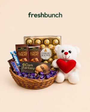 FreshBunch Grand Romance & Luxury Chocolate Gift Basket with Plush Teddy Bear, Ferrero Rocher, Temptations & Dark Fantasy