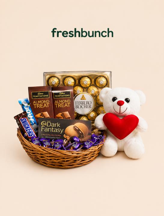 FreshBunch Grand Romance & Luxury Chocolate Gift Basket with Plush Teddy Bear, Ferrero Rocher, Temptations & Dark Fantasy