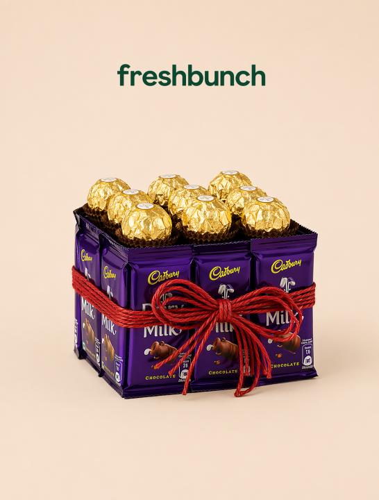 FreshBunch Elegant Square Cadbury Dairy Milk & Ferrero Rocher Chocolate Gift Hamper Box