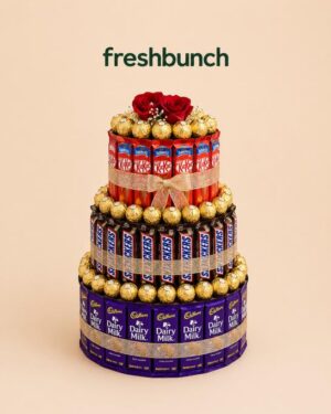 FreshBunch Grand 3-Tier Luxury Chocolate Tower Cake Hamper with Dairy Milk, Snickers, KitKat, Ferrero Rocher & Red Roses