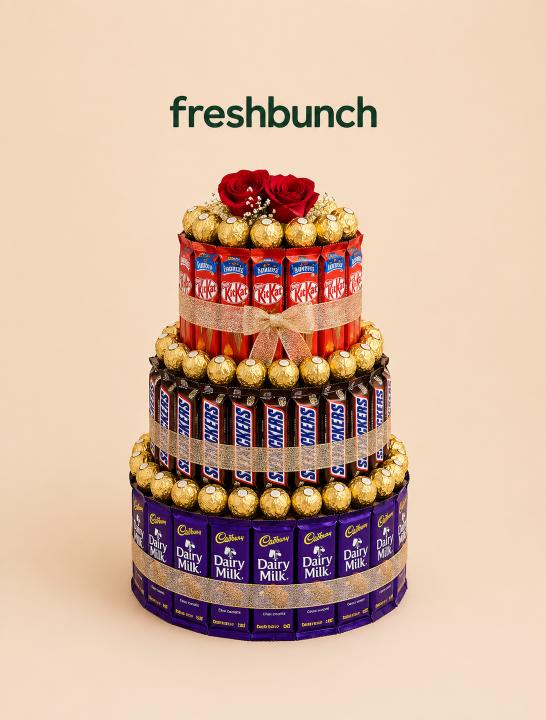 FreshBunch Grand 3-Tier Luxury Chocolate Tower Cake Hamper with Dairy Milk, Snickers, KitKat, Ferrero Rocher & Red Roses