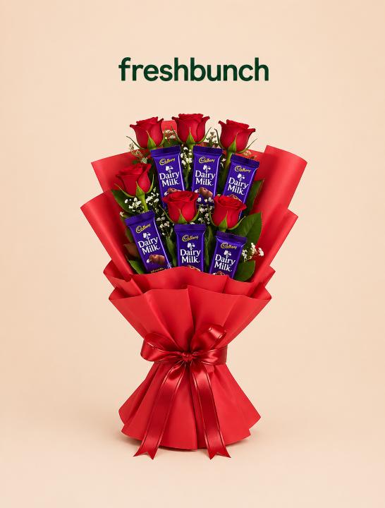 FreshBunch Classic Romance Red Roses & Cadbury Dairy Milk Chocolate Bouquet