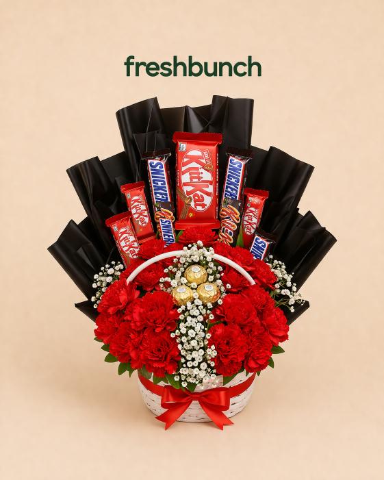 FreshBunch Royal Red Floral & Chocolate Luxury Gift Basket with Ferrero Rocher, KitKat & Snickers