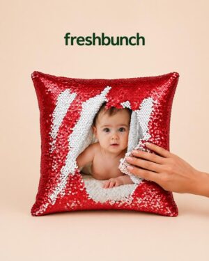 FreshBunch Personalized Red Magic Sequin Cushion with Custom Photo Print