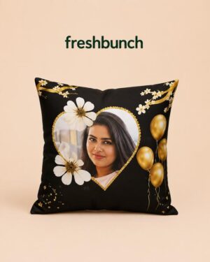 FreshBunch Personalized Golden Heart Black Satin Cushion with Custom Photo Print