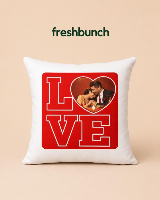 FreshBunch Personalized LOVE Red Block White Satin Cushion with Custom Photo Print