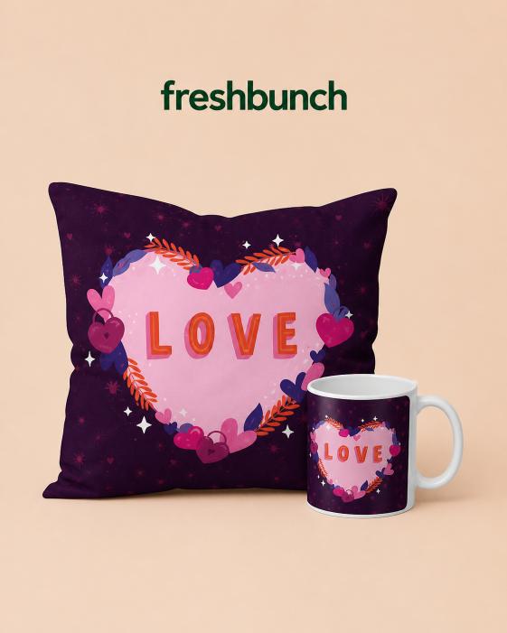 FreshBunch Romantic LOVE Heart Cushion & Matching Mug Combo Gift Set