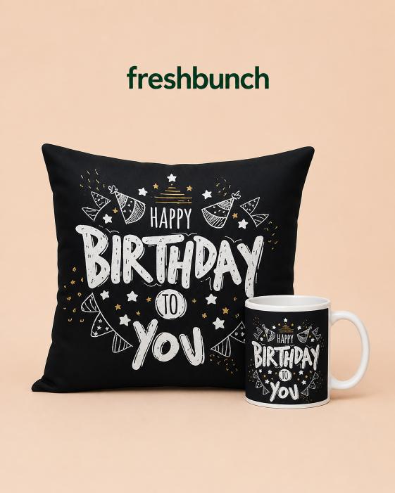 FreshBunch Festive Happy Birthday Black Cushion & Matching Mug Combo Gift Set