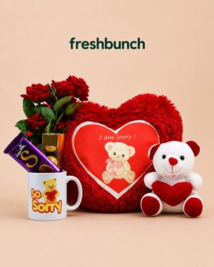 FreshBunch I Am Sorry Red Heart Cushion Mug Teddy Roses & Chocolates Gift Hamper Set