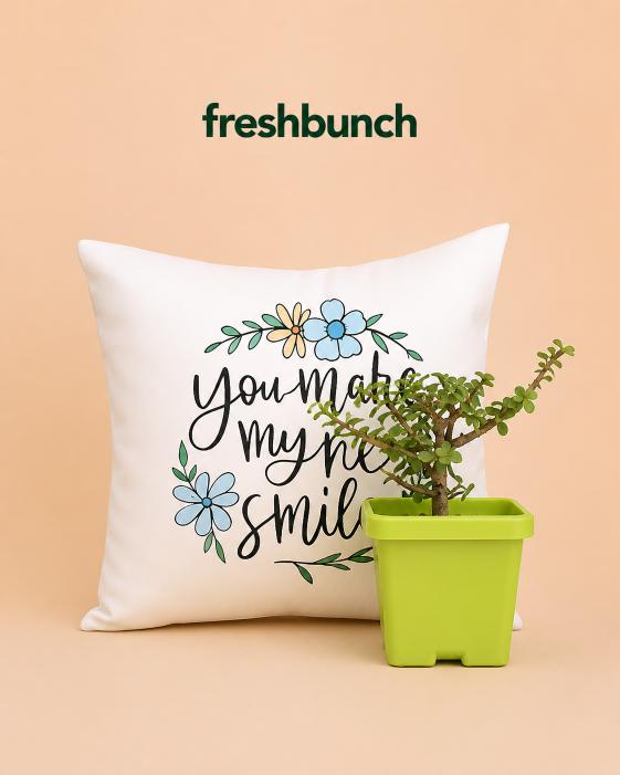FreshBunch You Make My Heart Smile Cushion & Live Jade Plant Gift Combo Set