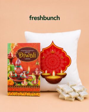 FreshBunch Diwali Festive Cushion Greeting Box & Premium Kaju Katli Sweet Hamper Set