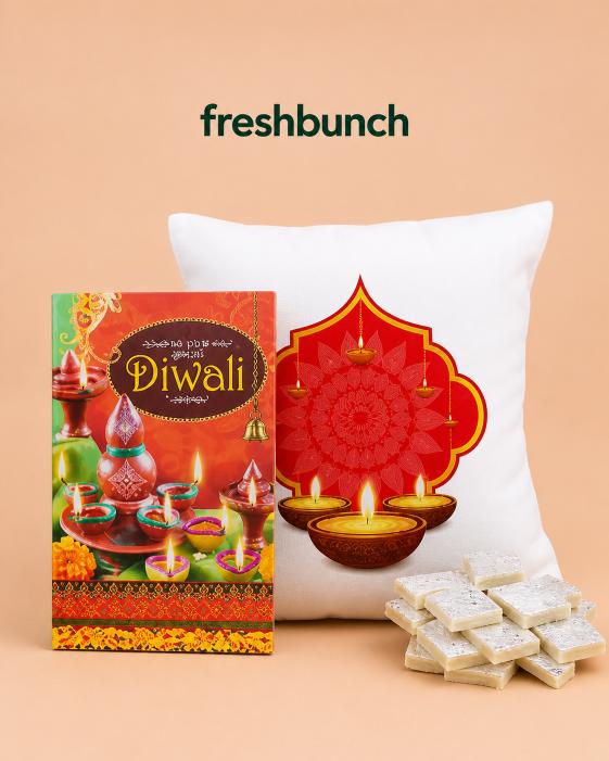 FreshBunch Diwali Festive Cushion Greeting Box & Premium Kaju Katli Sweet Hamper Set