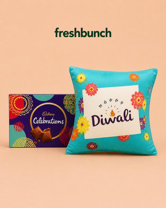 FreshBunch Bright Diwali Cyan Cushion & Cadbury Celebrations Chocolate Gift Combo