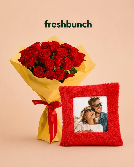 FreshBunch Romantic Red Roses Bouquet & Personalized Red Fur Photo Cushion Gift Hamper