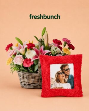 FreshBunch Exotic Mixed Flowers Celebration Basket & Personalized Red Fur Photo Cushion Hamper