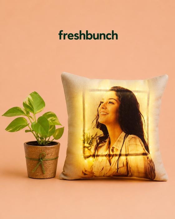 FreshBunch Personalized LED Glowing Photo Cushion & Live Indoor Money Plant Gift Set