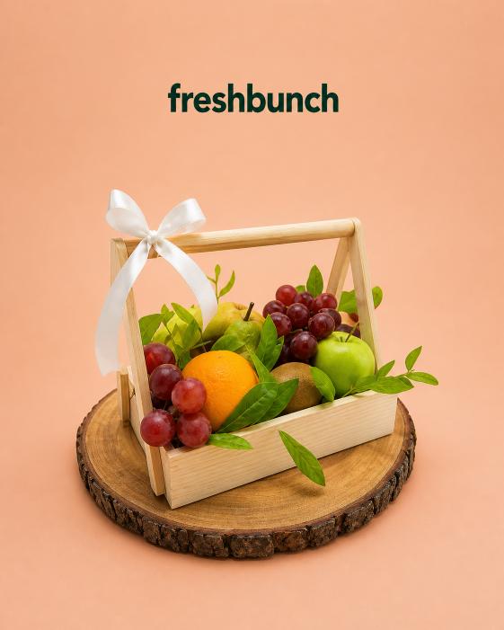 FreshBunch Premium Assorted Fresh Fruits Wooden Gift Basket Caddy
