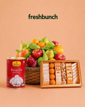 FreshBunch Festive Bounty Fresh Fruits Basket, Haldiram's Rasgulla & Premium Assorted Sweets Box Combo