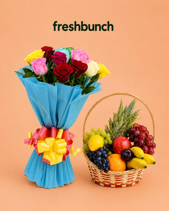 FreshBunch Vibrant Mixed Roses Bouquet & Fresh Fruits Celebration Basket Hamper