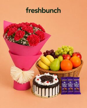 FreshBunch Mega Grand Celebration Ultimate Hamper – Carnations Bouquet, Fresh Fruits Basket, Black Forest Cake & Dairy Milk Combo