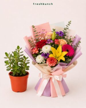 Jade Plant with Mixed Floral Bouquet
