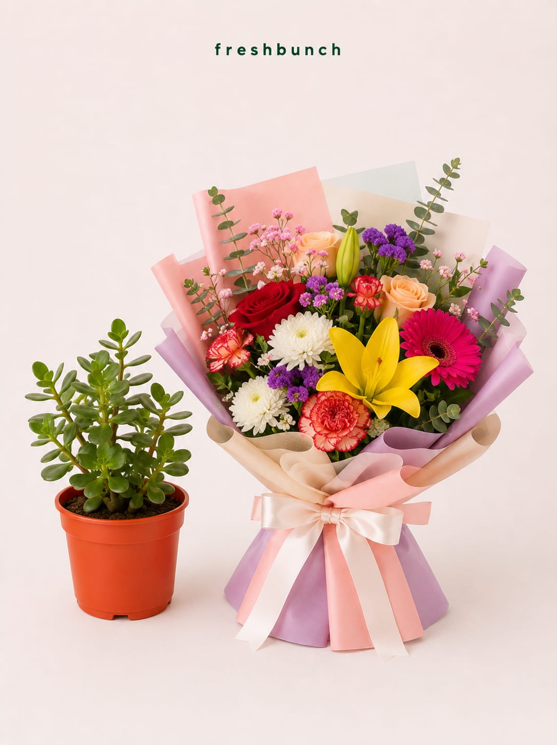 Jade Plant with Mixed Floral Bouquet