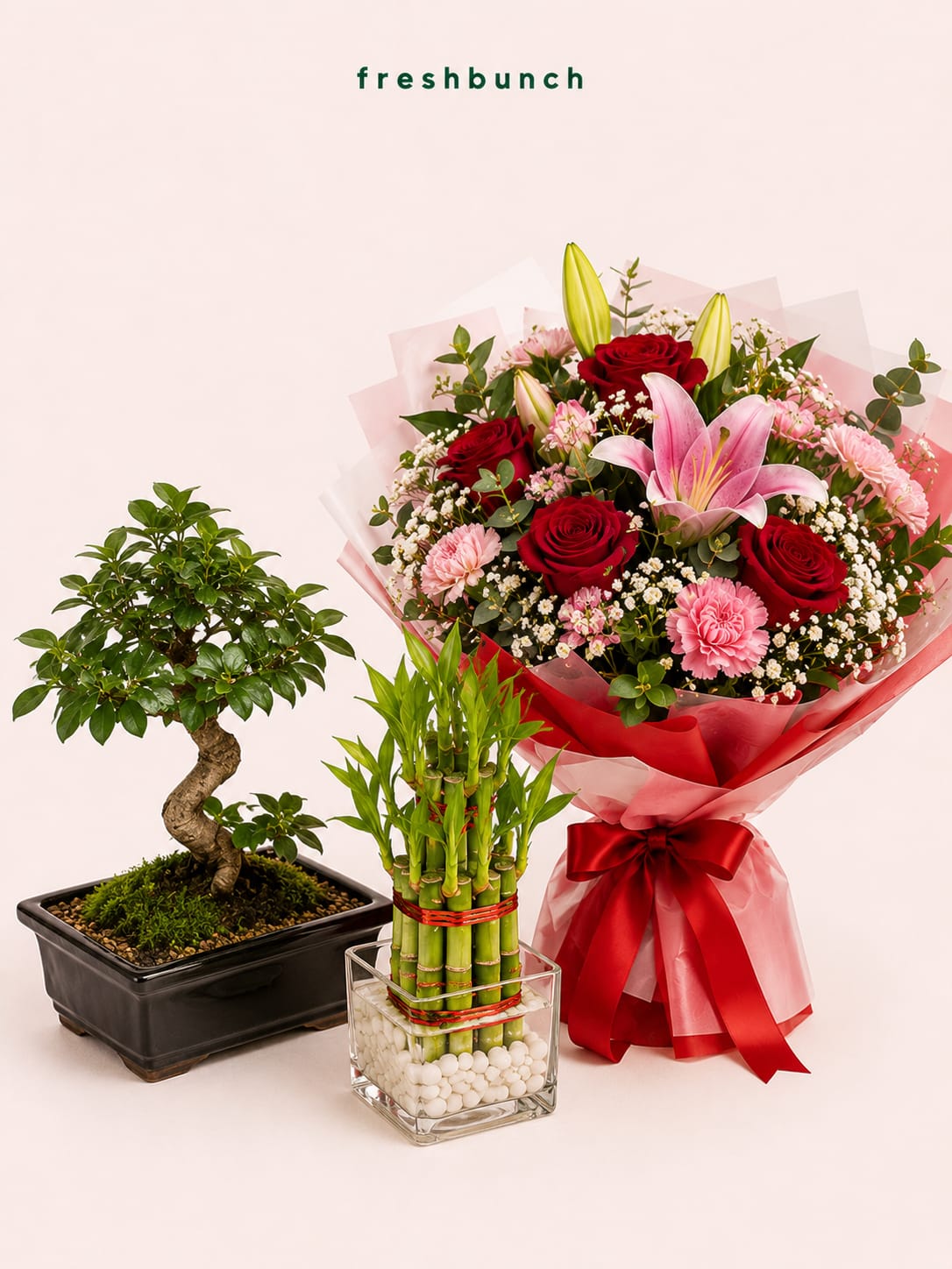 Bonsai Tree with Flowers & Lucky Bamboo Combo