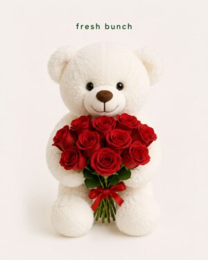 10 Red Roses Bunch with Cute 6 Inch Teddy Bear & Free Message Card