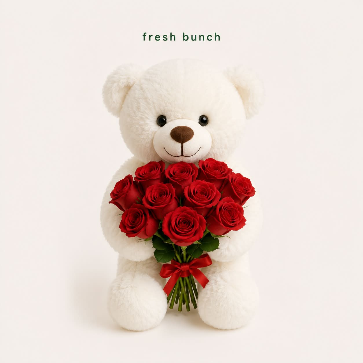 10 Red Roses Bunch with Cute 6 Inch Teddy Bear & Free Message Card