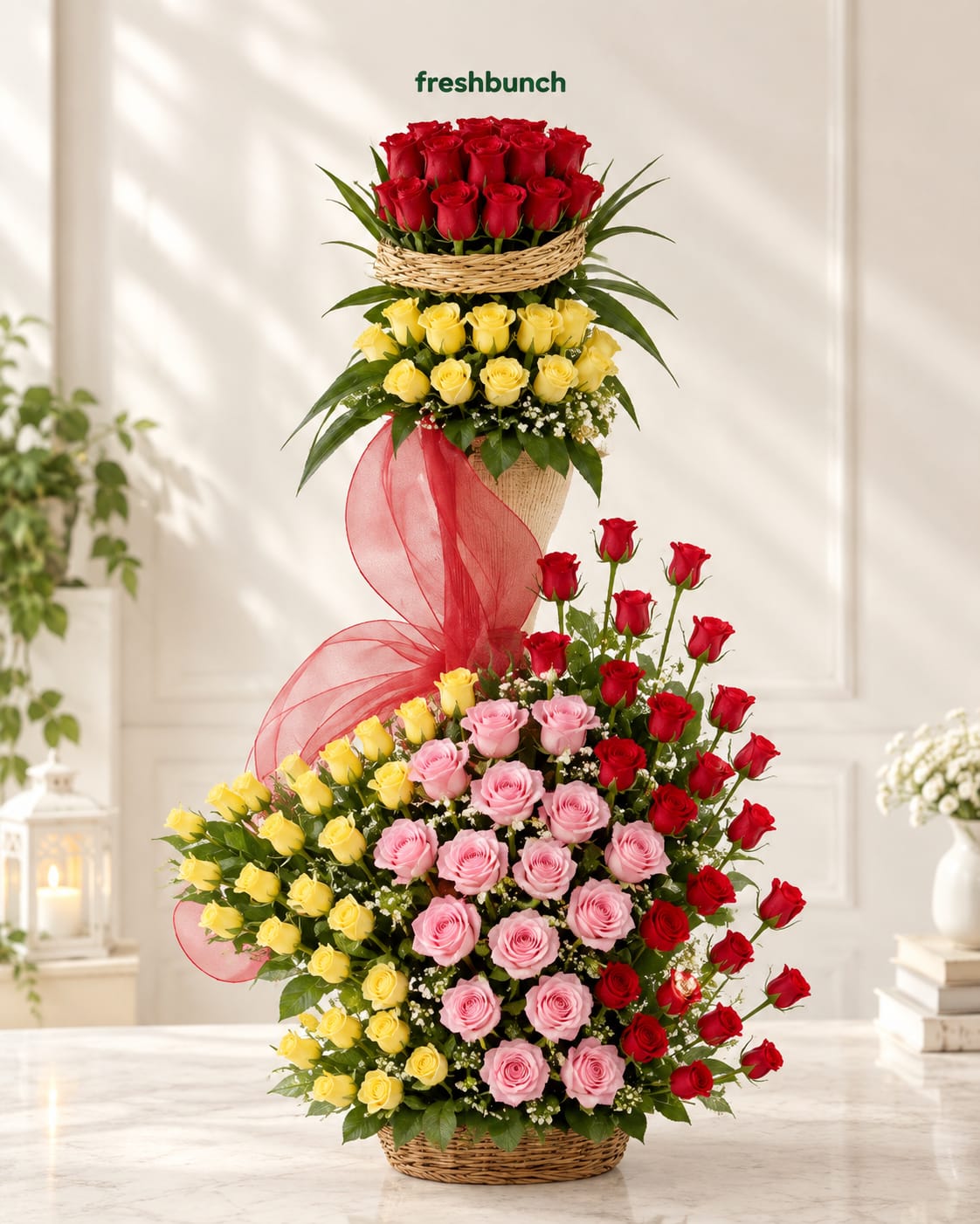 Blushing Pink & Red Rose Cascade Arrangement
