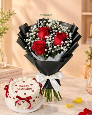 Black Paper Red Roses & Vanilla Cake Combo