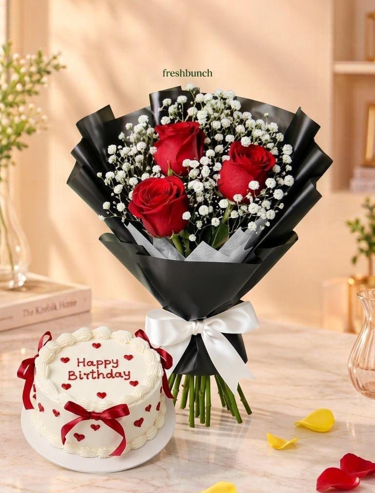 Black Paper Red Roses & Vanilla Cake Combo