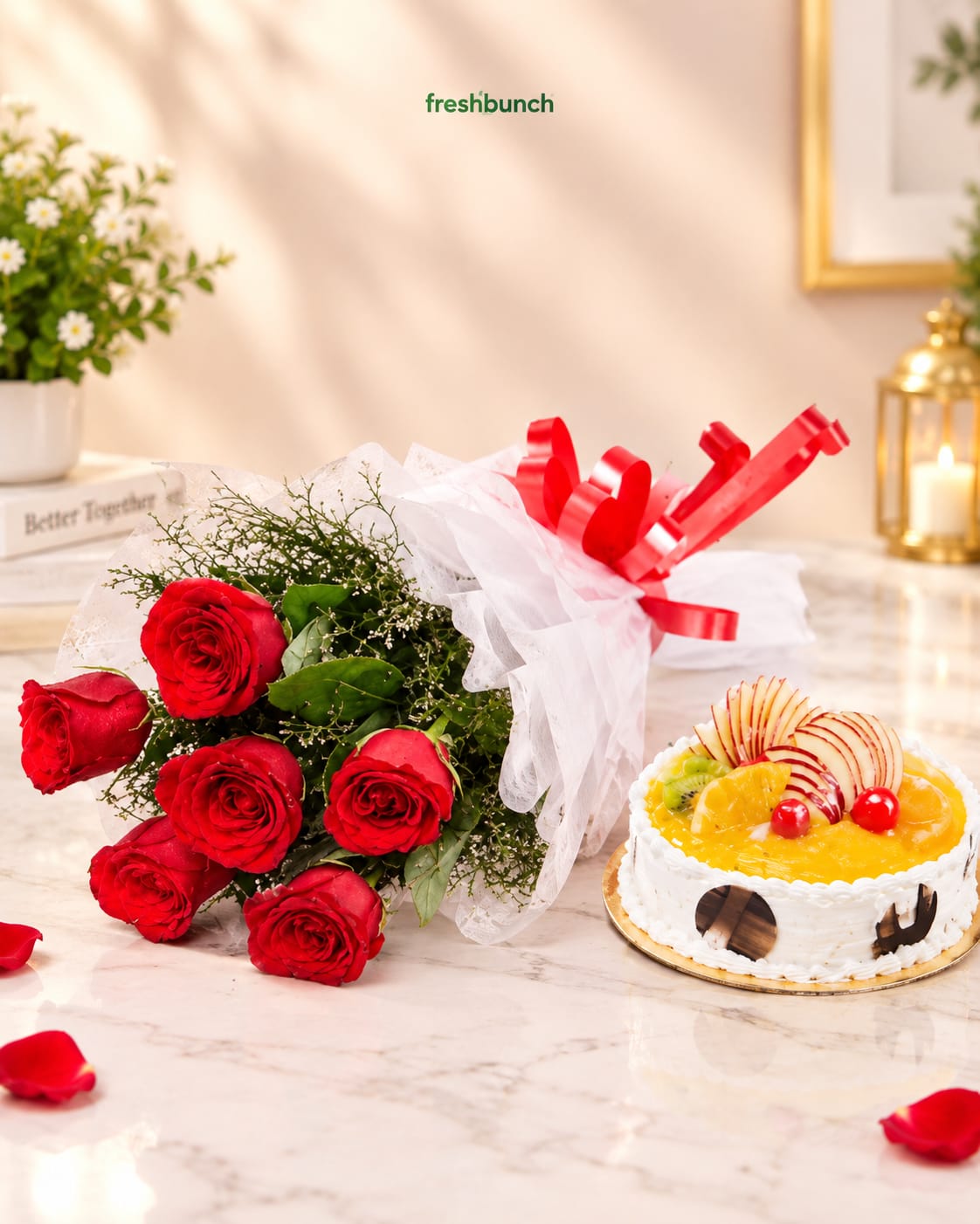 Red Roses & Fresh Fruit Cake Combo