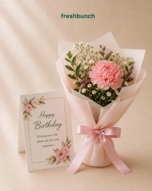 Single Pink Carnation Bouquet with Birthday Greeting Card