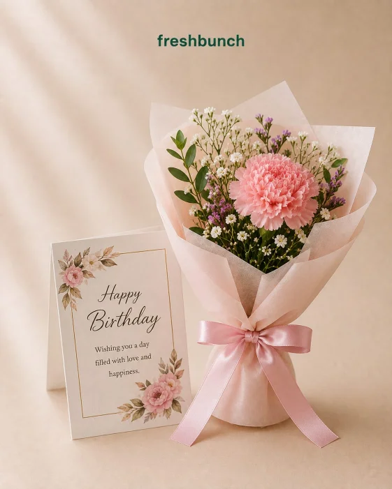 Single Pink Carnation Bouquet with Birthday Greeting Card