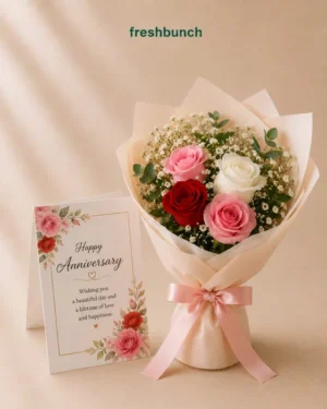 4 Mixed Roses Bouquet with Anniversary Greeting Card